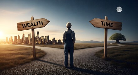 Worker standing at a crossroads with signboards a?oeWealtha?? and a?oeTime,a?? symbolizing life choices.