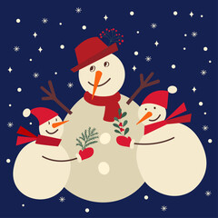 Family of Snowmen in Winter Night  for the warmth and joy of Christmas and winter celebrations, perfect for greeting cards, posters, and festive decor.
