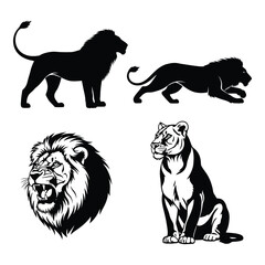 Majestic lion silhouette collection majestic lion head and lioness sitting wild cat safari animal art silhouette