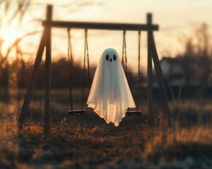 ghost figure draped in white sheet swings gently on playground swing during sunset, creating haunting yet whimsical scene. warm light casts long shadows, enhancing eerie