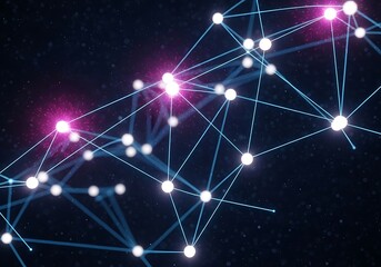 Abstract digital network of glowing nodes and connecting lines against a dark starry background, representing data, connection, and technology