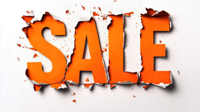 Bright orange SALE text breaking through torn paper, creating dynamic and eye catching visual. Perfect for promotions and advertisements