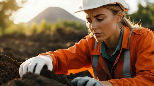 Young female engineer examining soil at construction site with mountain background during sunrise or sunset in the distance 4k video footage
