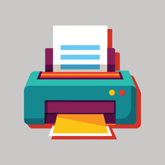Modern flat design illustration of a teal and purple printer with paper output and document feed