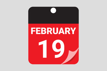 February 19 calendar date vector Icon in Red Flat Design Style