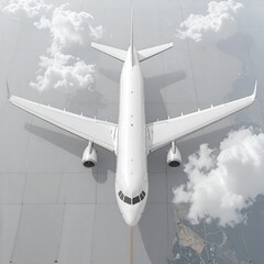 High-angle view of a white airplane above clouds