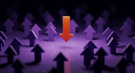 An orange downward pointing arrow stands out from a crowd of purple upward pointing arrows symbolizing decline and a different direction from the norm and the majority of opinions and trends