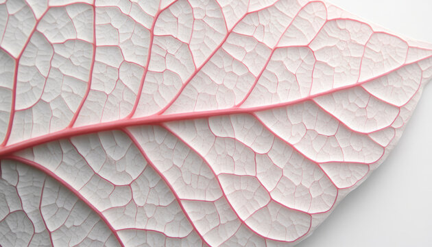 Delicate leaf veins create intricate pattern, nature design. soft pink outlines contrast beautifully with white surface, evoking sense of wonder and appreciation for natural beauty