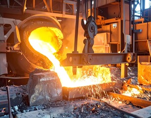 Molten metal pouring from a large crucible into a mold