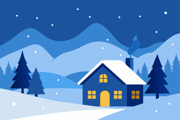 Fototapeta premium Winter landscape with house and snowy mountains view