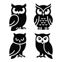 Four silhouette owls collection cute nocturnal bird designs for various artistic and decorative applications silhouette