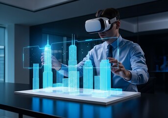 Man wearing vr headset interacts with a futuristic holographic 3d model of a city skyline in a modern office