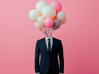 figure in suit stands against pink background, with cluster of colorful balloons where head would be, creating whimsical and surreal effect