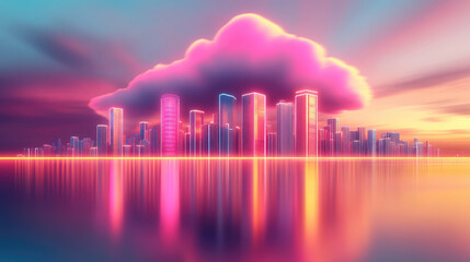 Fototapeta premium vibrant city skyline with futuristic buildings under colorful cloud at sunset, ing on water surface, creates stunning visual experience
