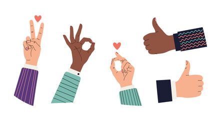 Diverse hands showing different gestures of approval and appreciation with tiny hearts floating around them.