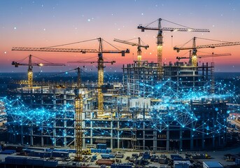 Futuristic construction site at dusk with glowing digital network overlay and multiple cranes building a modern structure