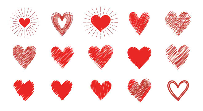 Collection of red hand-drawn hearts with different textures and styles. a diverse set of romantic symbols for celebrations and expressions of love.