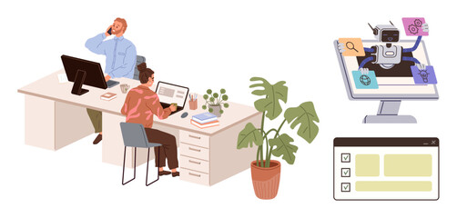 Two office workers at desks using computers alongside a large monitor displaying a robot managing tasks. Ideal for automation, technology, teamwork, productivity, efficiency, AI, workflow. Simple