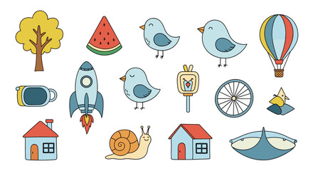 Fototapeta premium A collection of charming pixel art illustrations depicting various whimsical objects and creatures.