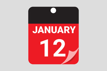 12 January. 12th January professional modern exclusive daily calendar design. Flat Design January Calendar Icon. Black and red color paper and White Text