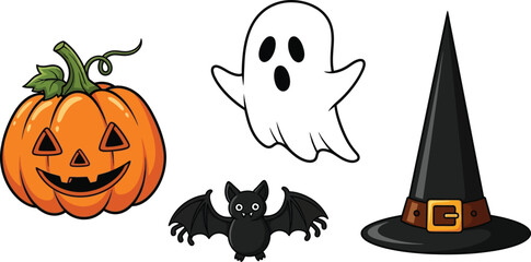 Spooky Halloween icons set with pumpkin, ghost, bat, and witch hat