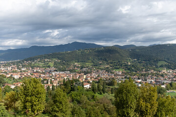 Fototapeta premium Tourists destination, historical part of Bergamo city, Bergamo Alta with narrow streets, churces, old houses, located on hill with fortress walls, Lombardy, Northern Italy