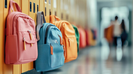 Colorful backpacks hanging on school lockers in busy corridor, creating vibrant and energetic . Students can be seen in background, adding to lively school environment
