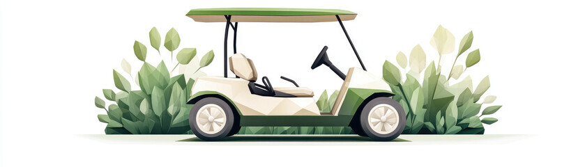 Low polygonal golf cart surrounded by green foliage, modern design. cart features simple yet stylish look, perfect for golf courses or outdoor activities