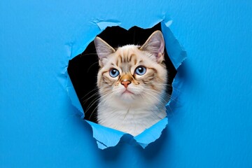 Cute cat blue eyes peeking through torn paper funny animal pet portrait