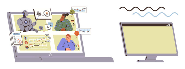 Virtual meeting on a laptop screen featuring diverse avatars, analytics, graphs, chat bubbles, ideas, and teamwork visuals. Ideal for collaboration, communication, analytics technology