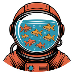Astronaut helmet with a fishbowl and goldfish inside 