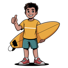 A cartoon of a young boy holding a surfboard and giving a thumbs-up. 