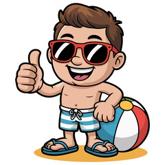 Boy with a beach ball and sunglasses giving a thumbs up. This image evokes feelings of summer fun, vacation, and relaxation.