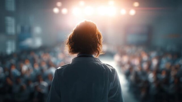 An inspiring speaker captivates a crowded conference hall, sharing valuable insights and knowledge
