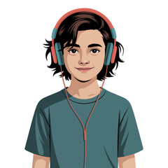 A young individual enjoying music with headphones on. The person is smiling and appears relaxed and happy.