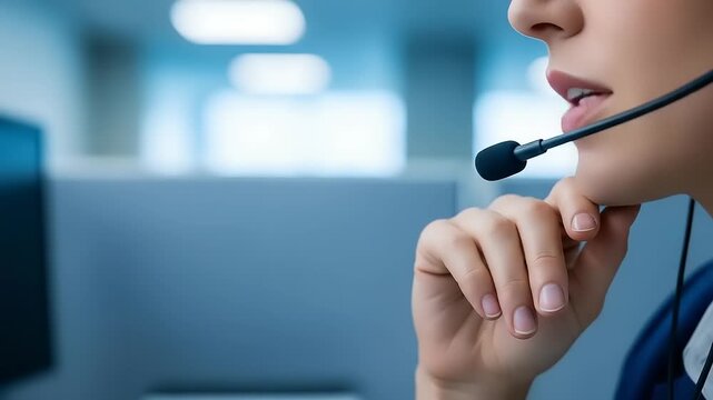Close-up of a Customer Service Representative Speaking into a Headset in a Modern Office Environment