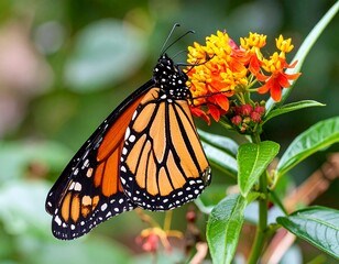 Monarch butterfly feeding on vibrant orange and yellow flowers