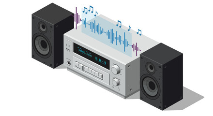 Obraz premium Vintage stereo system with audio waveform in isometric style