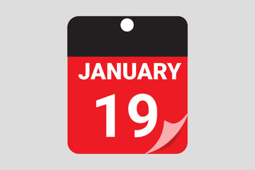 19 January. 19th January professional modern exclusive daily calendar design. Flat Design January Calendar Icon. Black and red color paper and White Text