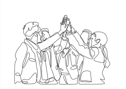 Simple continuous line draw of business team celebrating success. Business people giving high fives gesture hands Business team work minimalist concept. Hand drawn one line vector. Editable stroke	