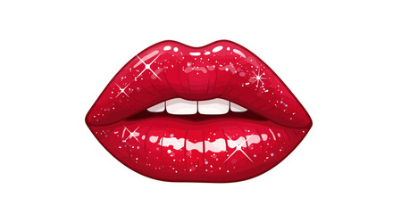 Shiny red lips with sparkles on white background
