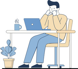 Young man Professional Working from Home on Laptop with Coffee Illustration