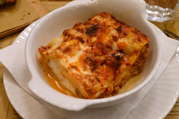Fresh made and cooked local pasta from Bergamo lasagna ragu pasta served in local restaurant in Bergamo Citta Alta, Lombardy, North of Italy, Italian cuisine
