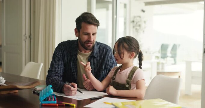 Homework, home and dad with child for math lesson, learning and help with activity. Family, teaching and father with girl with books for education, studying together and counting fingers in house