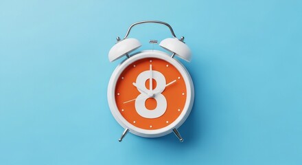 Retro mechanical alarm clock with bright orange face displaying the number eight against a simple blue background symbolizing a countdown to a specific hour or event