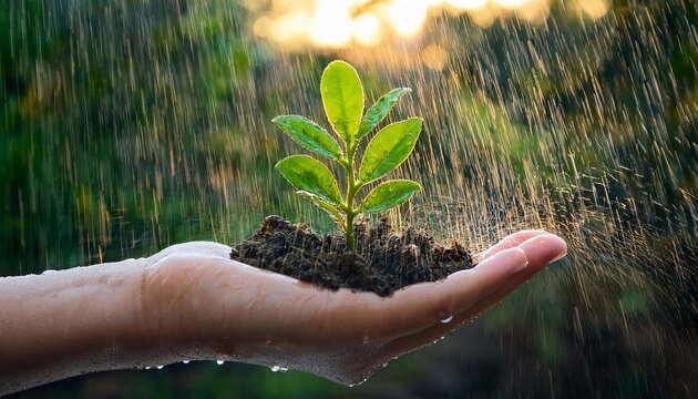 a small plant held in a hand bathed in rain