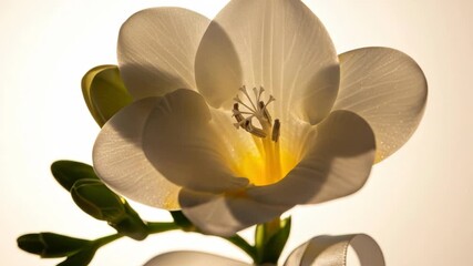 Elegant White Flower Blooming Under Soft Backlight with Golden Yellow Center and Delicate Petals - Powered by Adobe