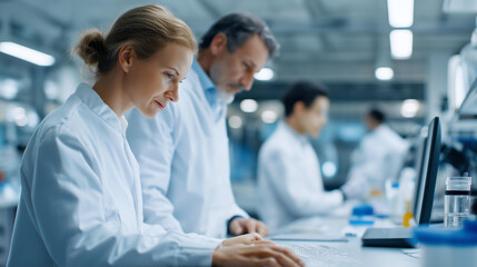 Fototapeta premium Advanced industrial lab with researchers collaborating on pharmaceutical trials, medical breakthrough in drug development, biotech advancement in health solutions, healthcare innov