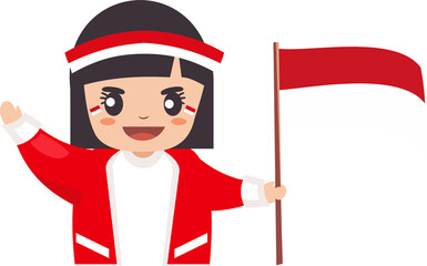 Cartoon Girl Holding indonesia Flag Illustration