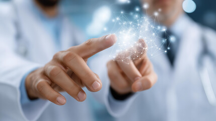 Doctors pointing at digital health data, medical breakthrough in virtual diagnostics, biotech advancement in data analysis, healthcare innovation in patient monitoring, precision m